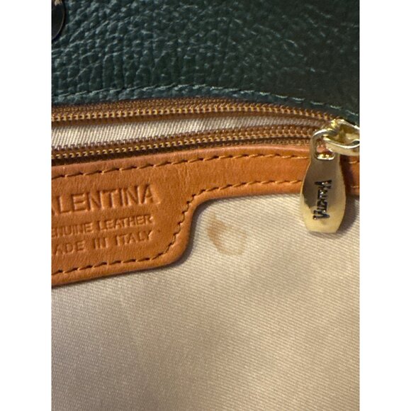 Valentina Italy Leather Shoulder Bag Green Tan Strap Gold Logo Zip Purse - Picture 6 of 16